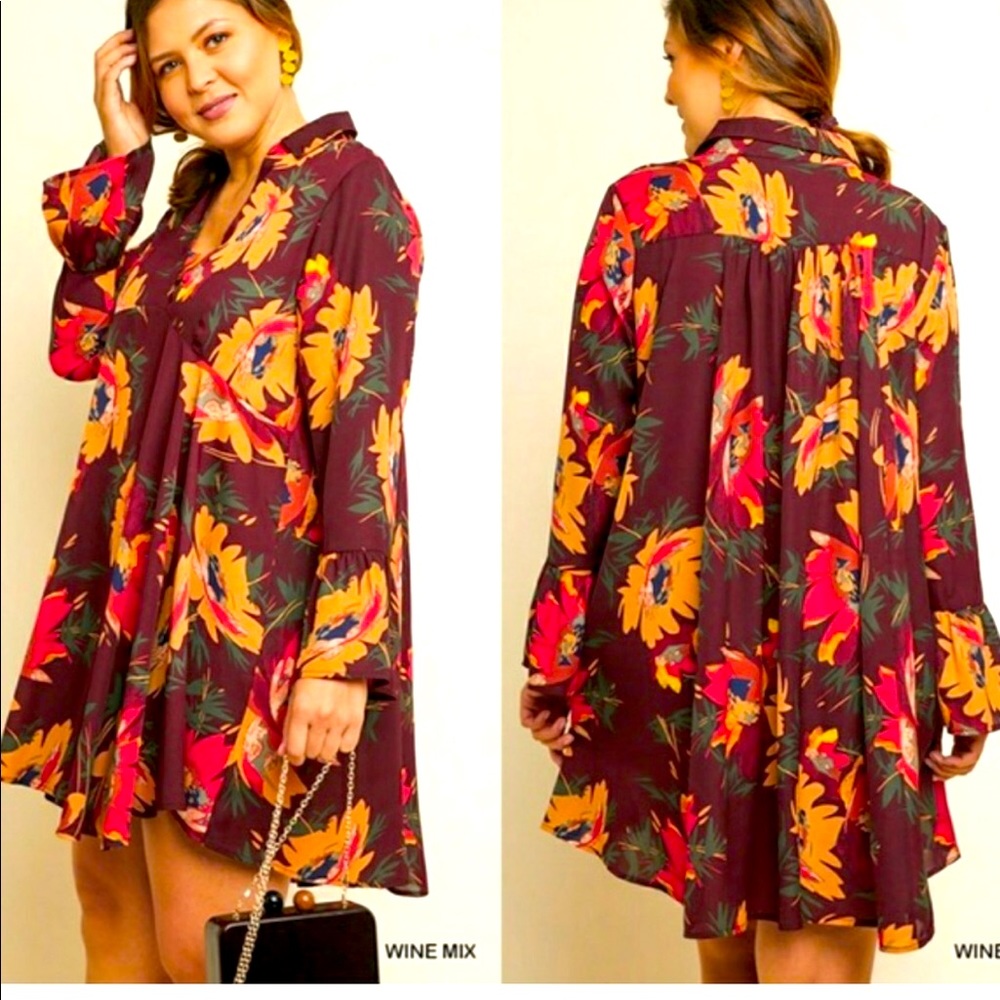Umgee Boho Flowy Oversized Dress Fall Floral with Flare long sleeves